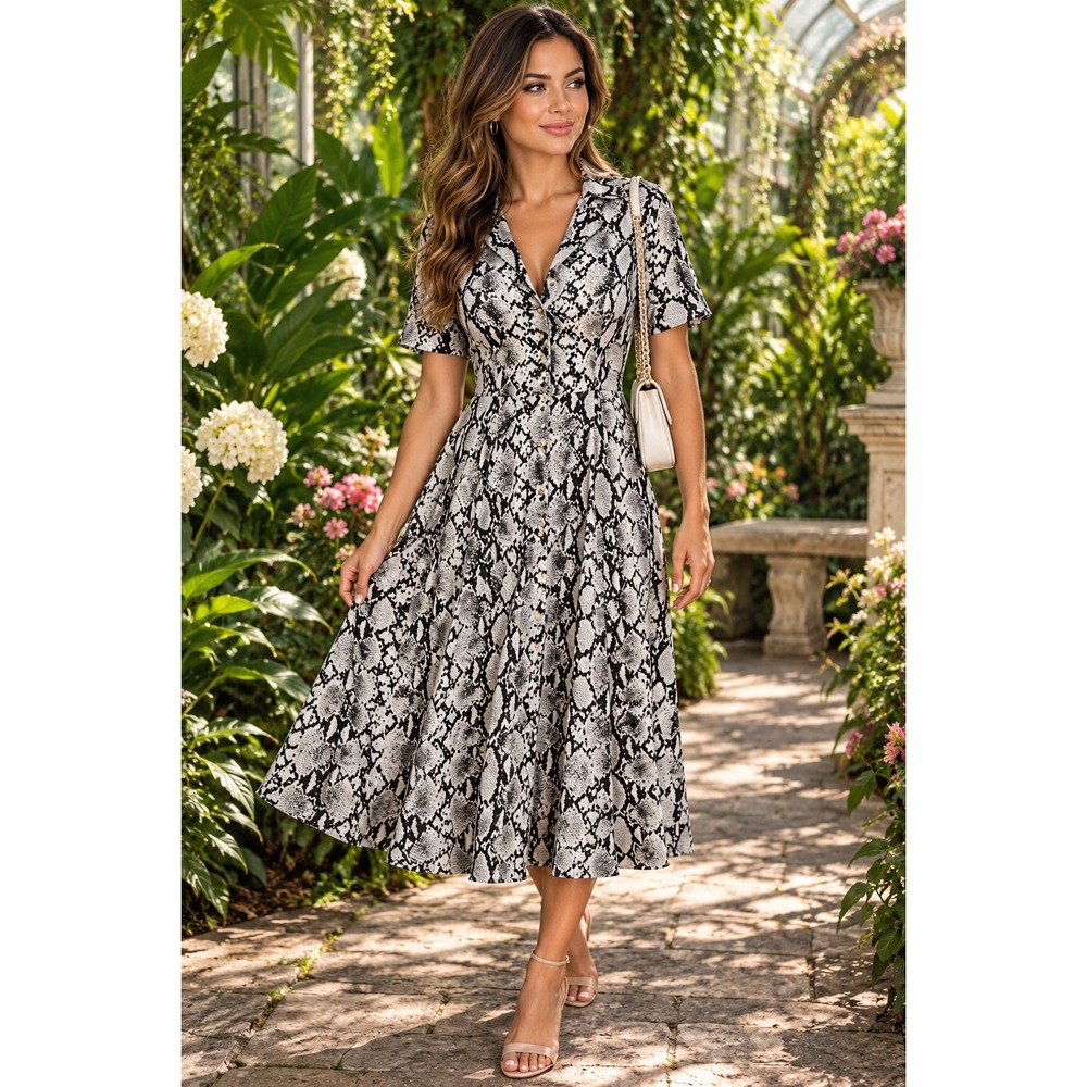 Lulus Let's Snake a Deal Midi Dress Womens M Gray Black Snake Print Button Front